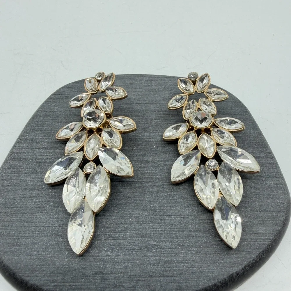 Gold Tone Clear Rhinestone Chandelier Earrings Bridal Statement Jewelry Gift